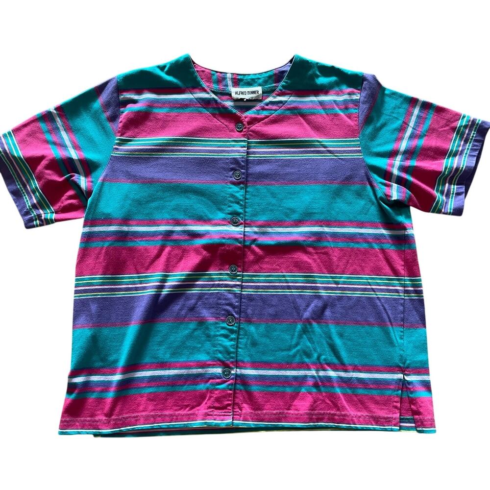 Retro VTG Stripped Button up Blouse Green/Purple/Pink size XL